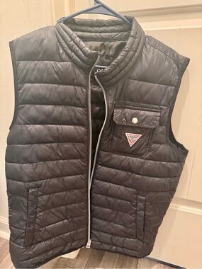GUESS Black Quilted Puffer Vest with Logo Patch